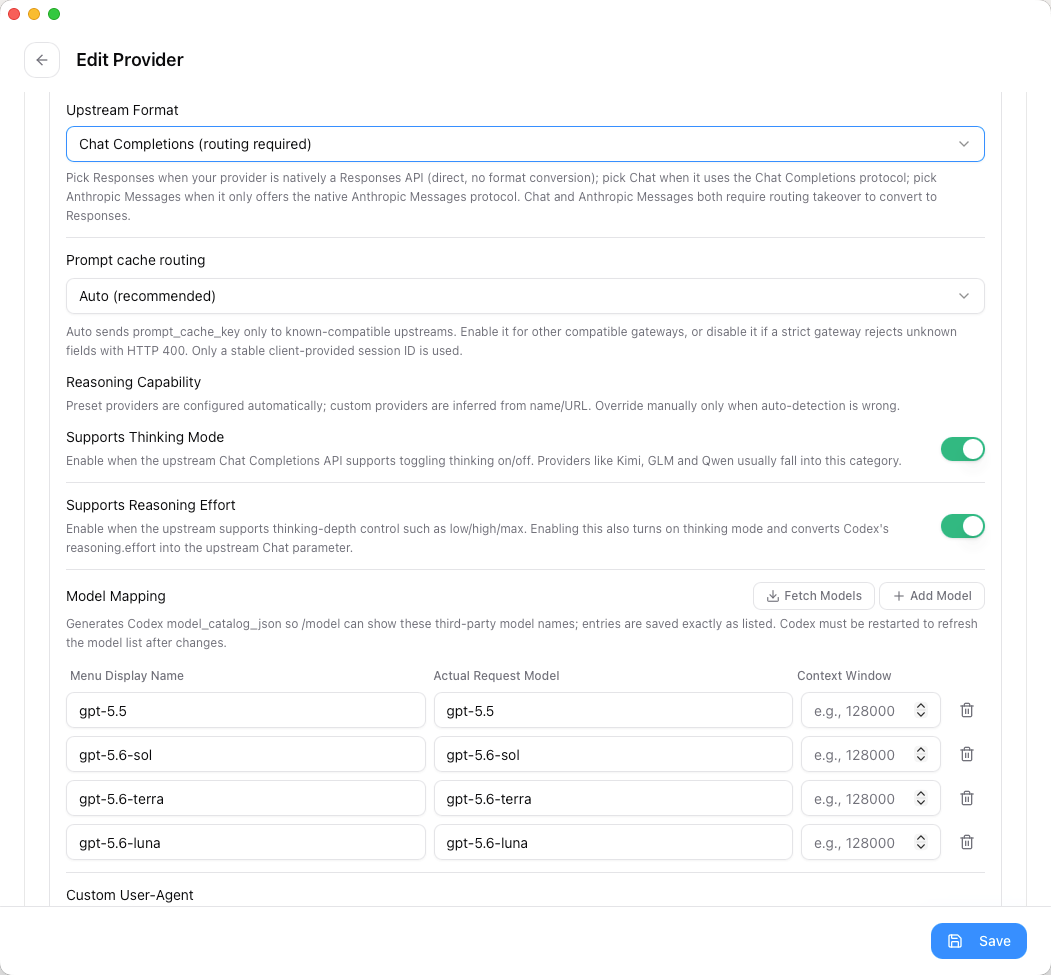 cc-switch Add Provider form for Codex with Cloudwise MaaS values
