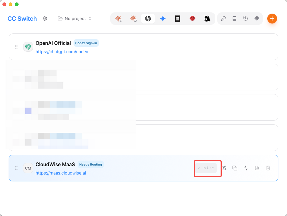 cc-switch Codex tab with CloudWise MaaS provider enabled