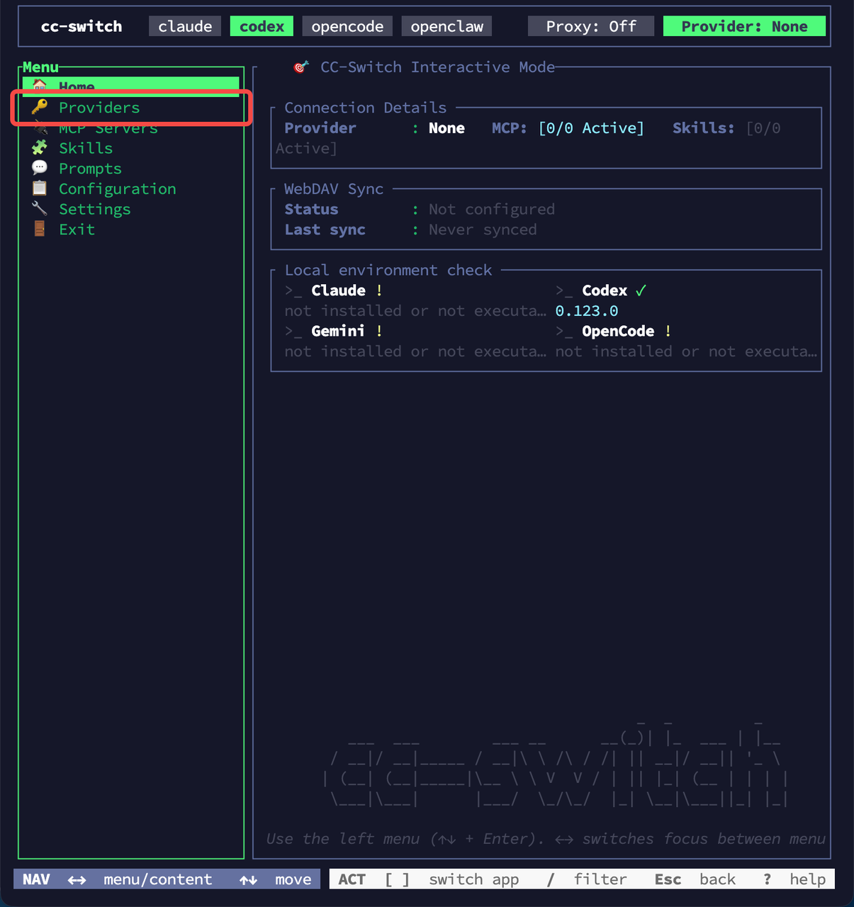 cc-switch home view with Providers menu highlighted