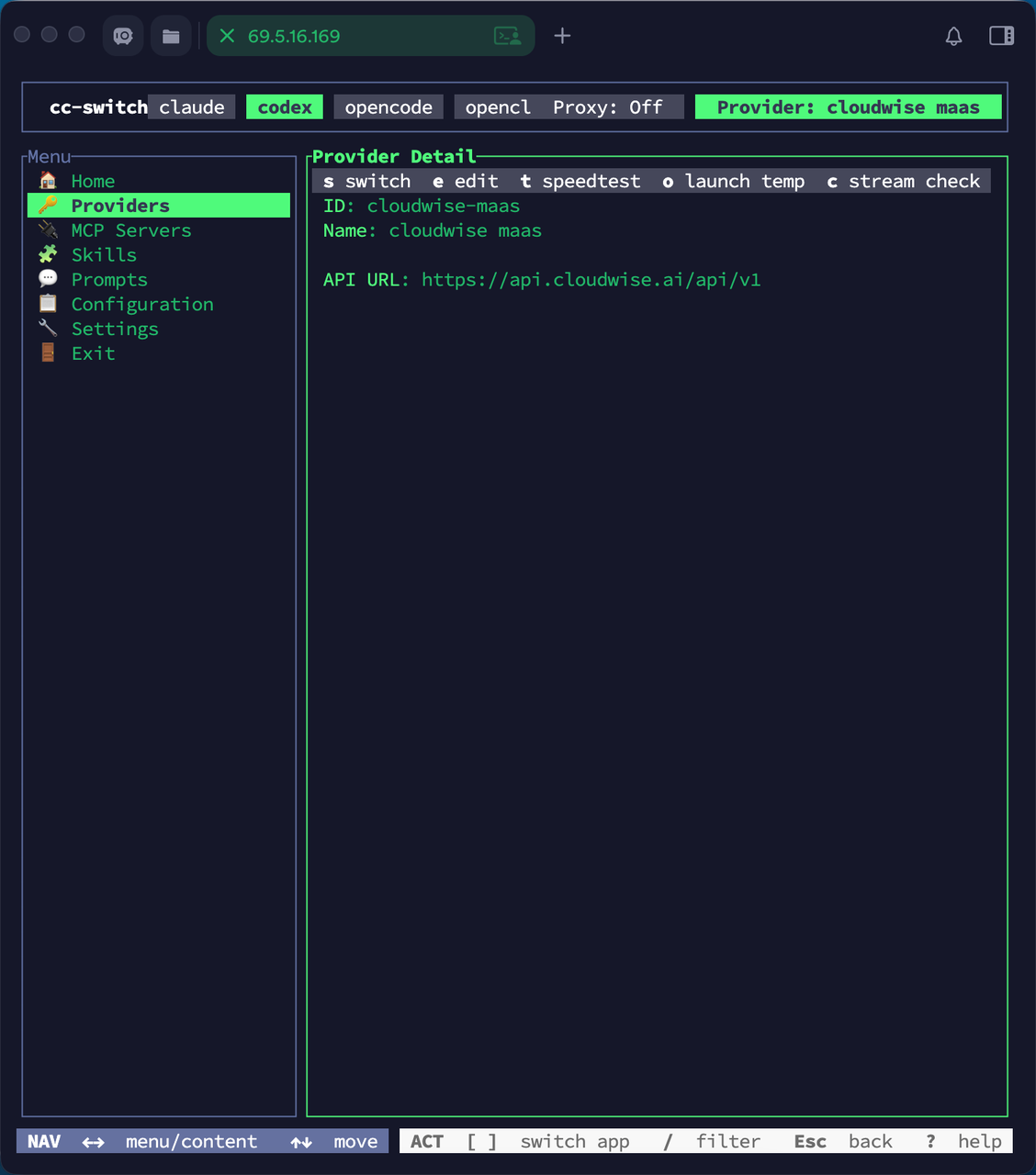 cc-switch provider detail showing cloudwise maas and API URL