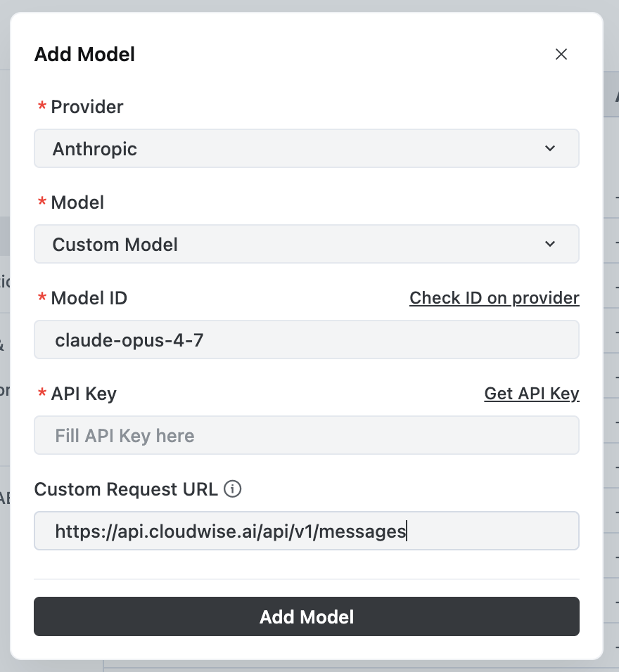 TRAE IDE Edit Model dialog configured for Anthropic claude-opus-4-7 via Cloudwise