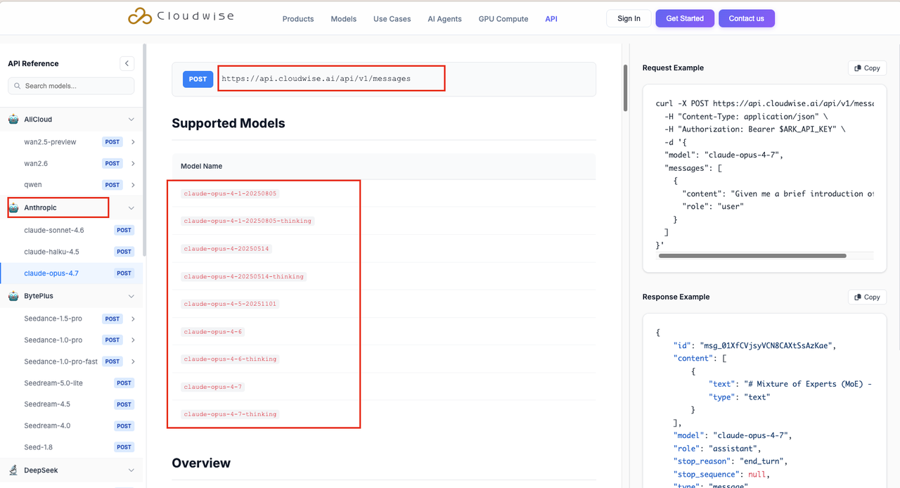 Cloudwise API Reference showing Anthropic Claude model list and POST endpoint