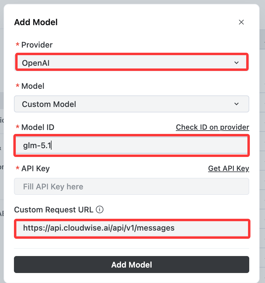 TRAE IDE Edit Model dialog configured for OpenAI glm-5.1 via Cloudwise