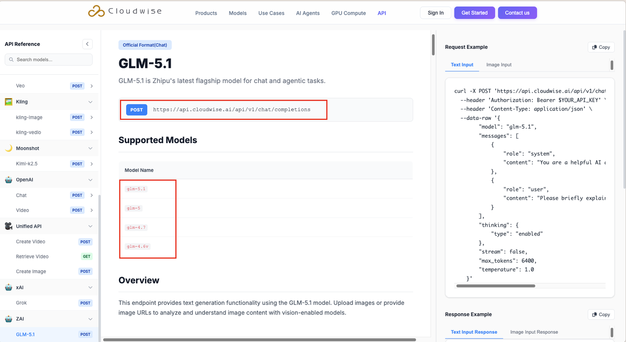Cloudwise API Reference showing GLM-5.1 model list and POST endpoint
