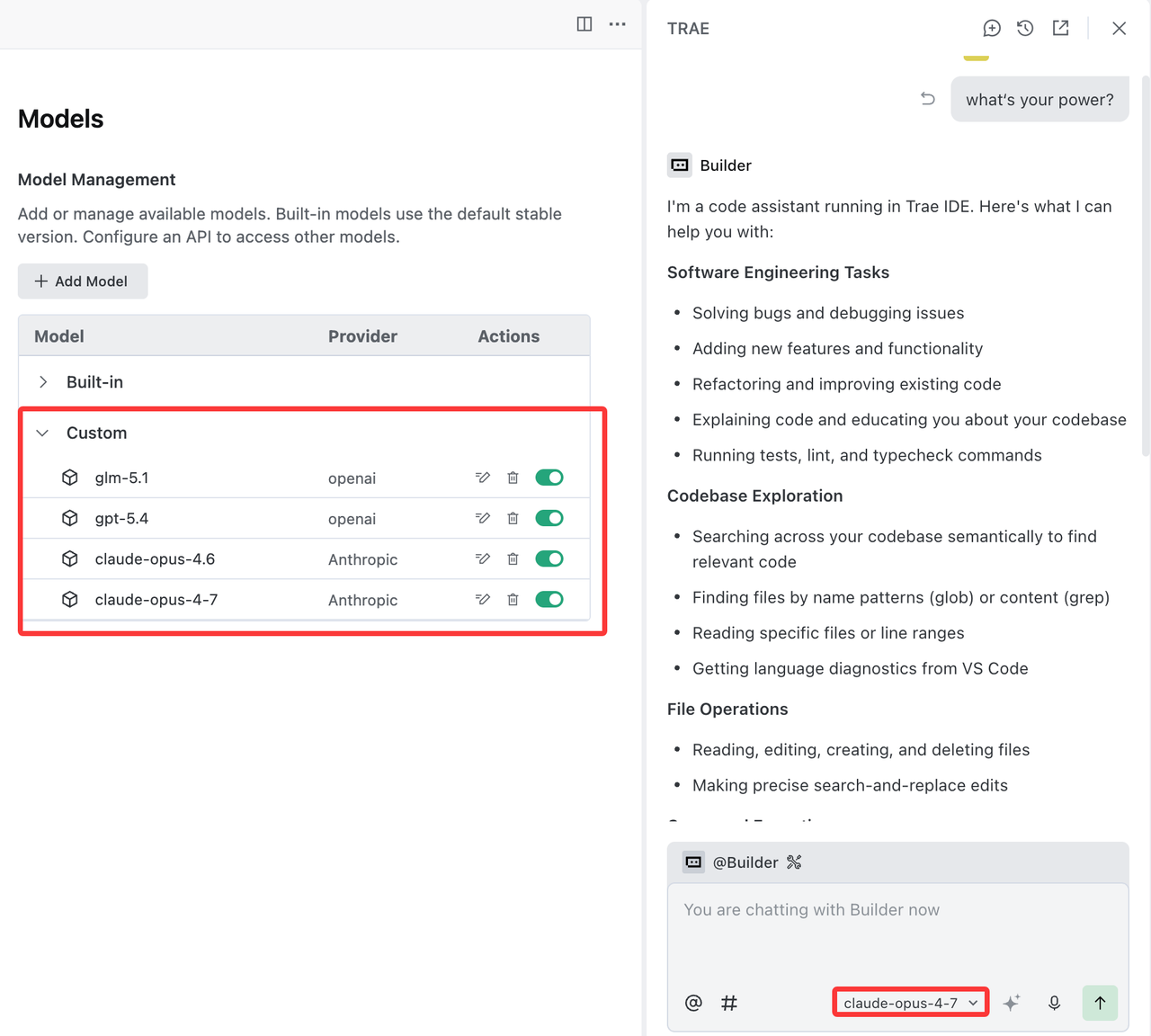 TRAE IDE model settings showing all added custom Cloudwise models in the list