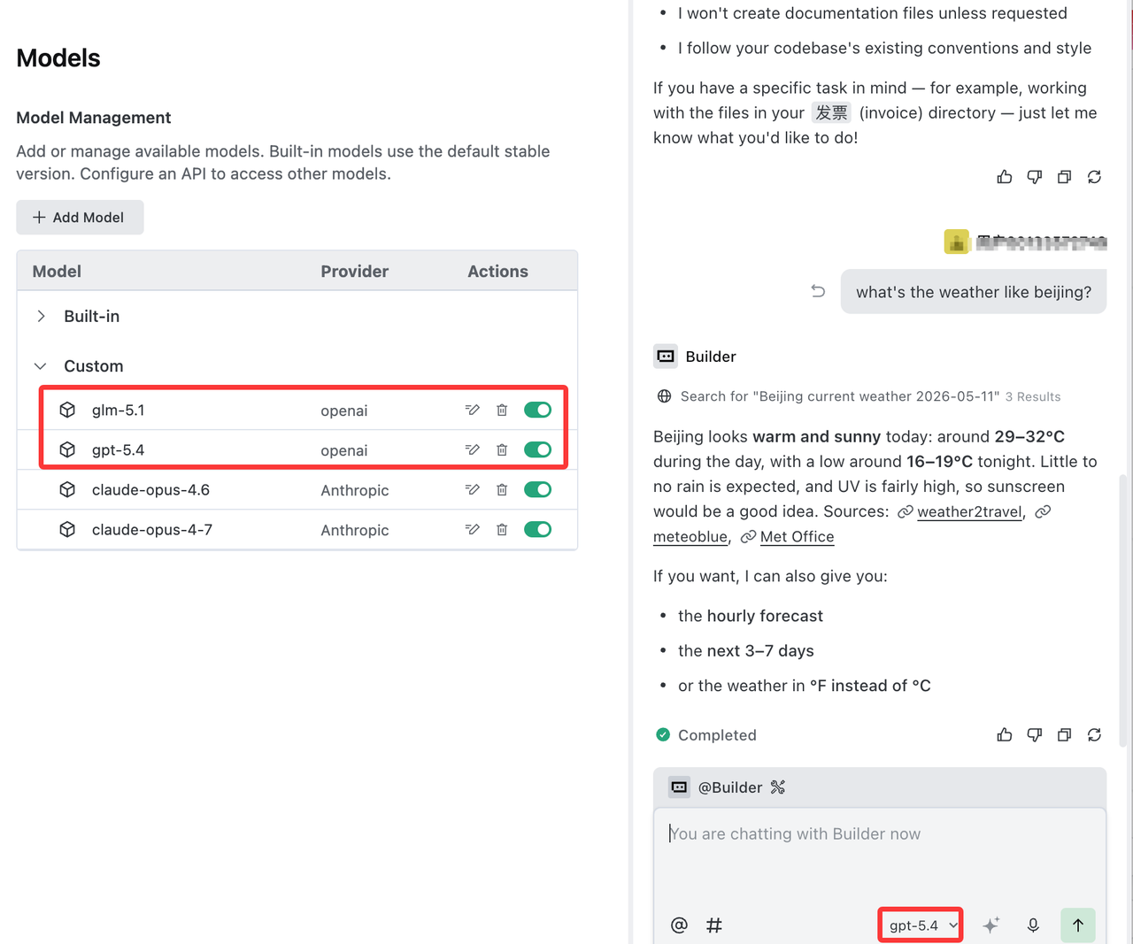 TRAE IDE Builder mode with Cloudwise custom model selected in the model dropdown