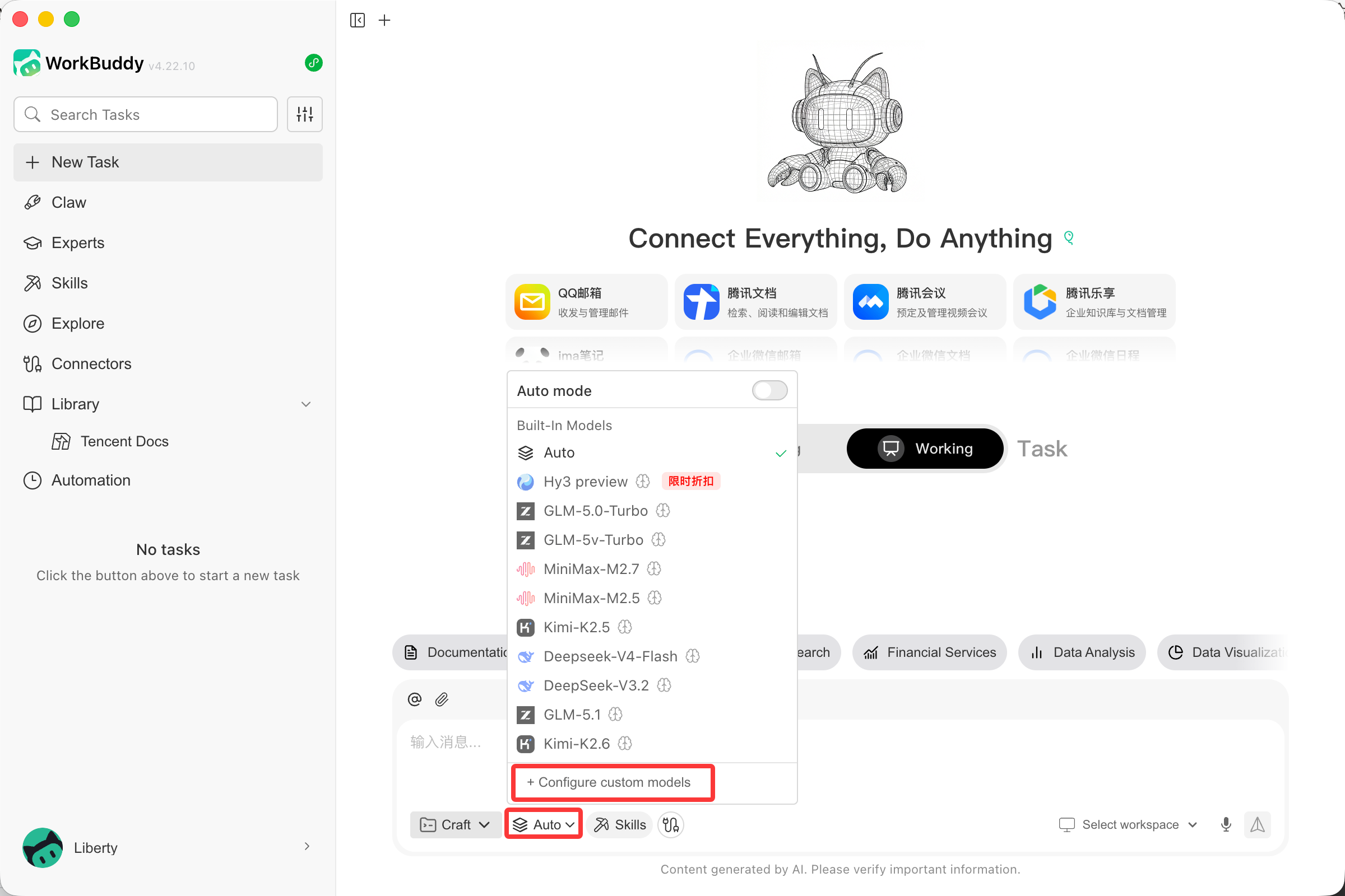 WorkBuddy model picker dropdown with Configure custom models button highlighted