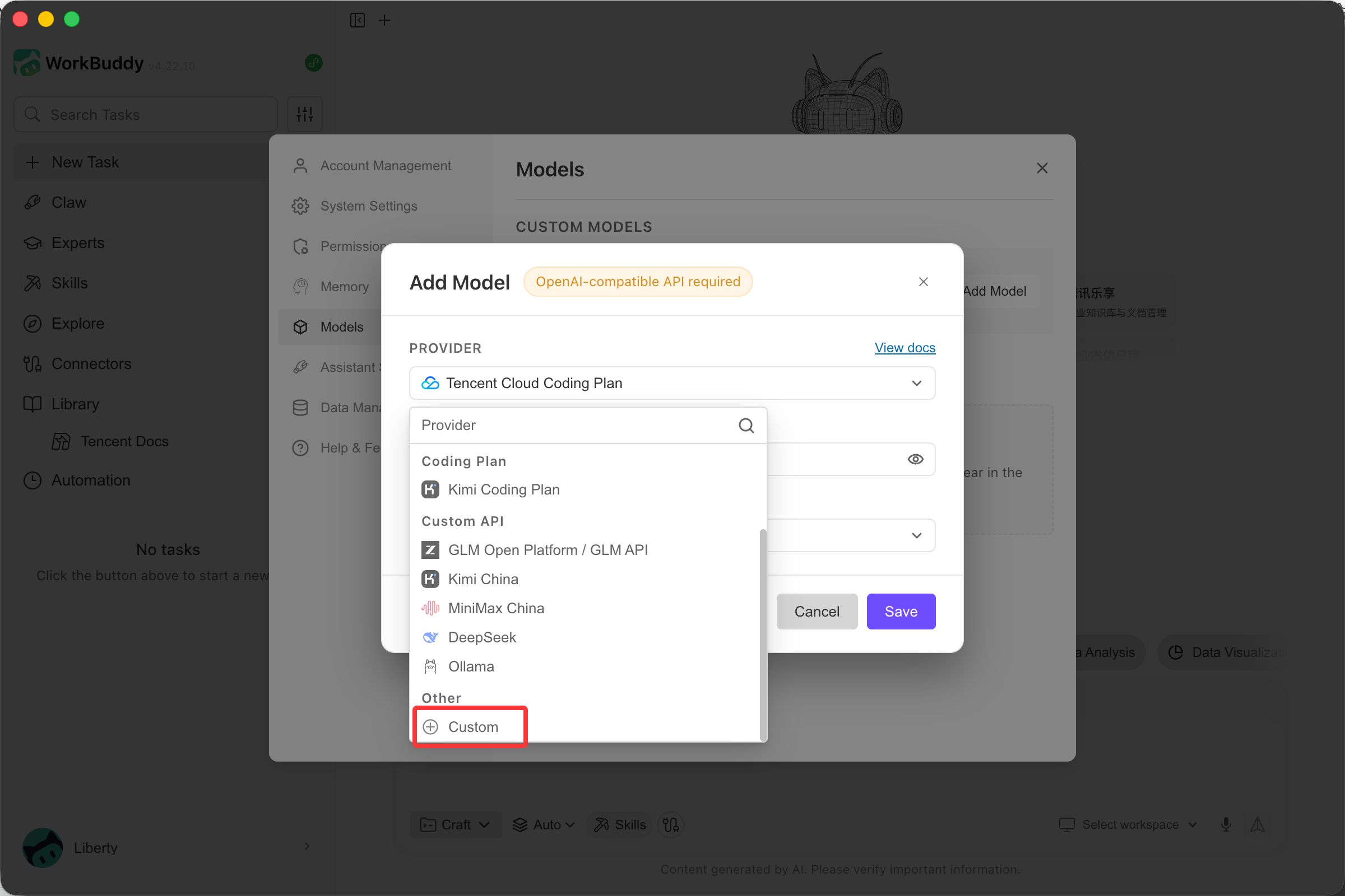 WorkBuddy Add Model dialog showing provider dropdown with Custom option highlighted under Other