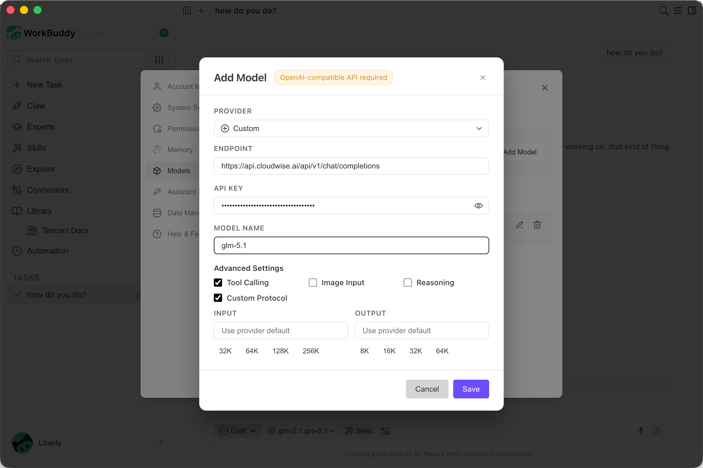 WorkBuddy Add Model dialog filled with Cloudwise endpoint, API key, and glm-5.1 model name