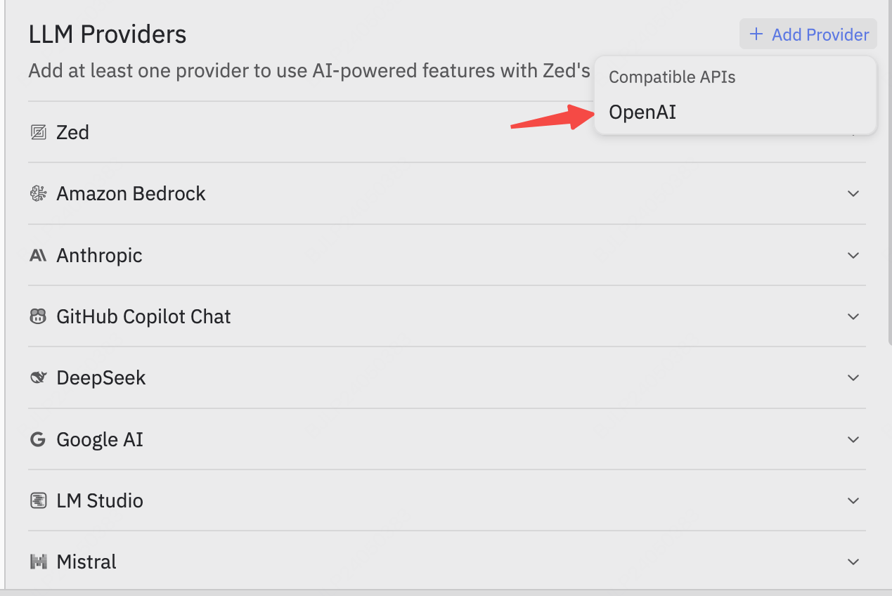 Zed LLM Providers screen showing Add Provider and OpenAI option