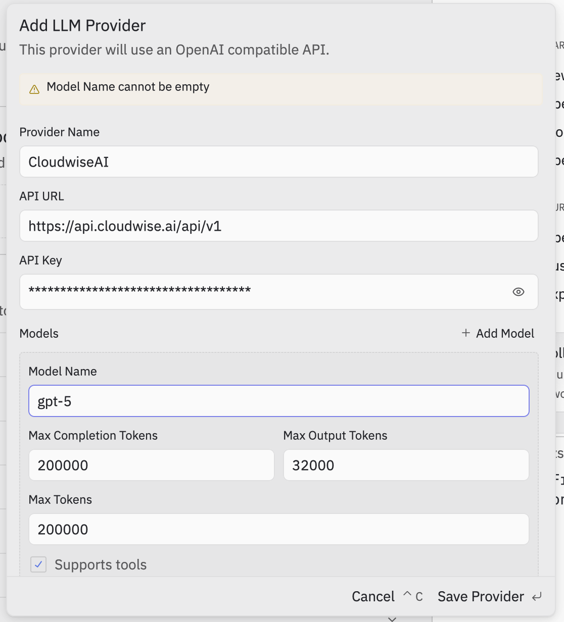 Zed add LLM provider dialog configured for CloudwiseAI
